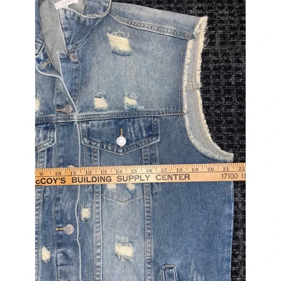 VEVERET Long Distressed Denim Vest Duster Chic Jean Jacket Blue Sz L - Picture 6 of 9
